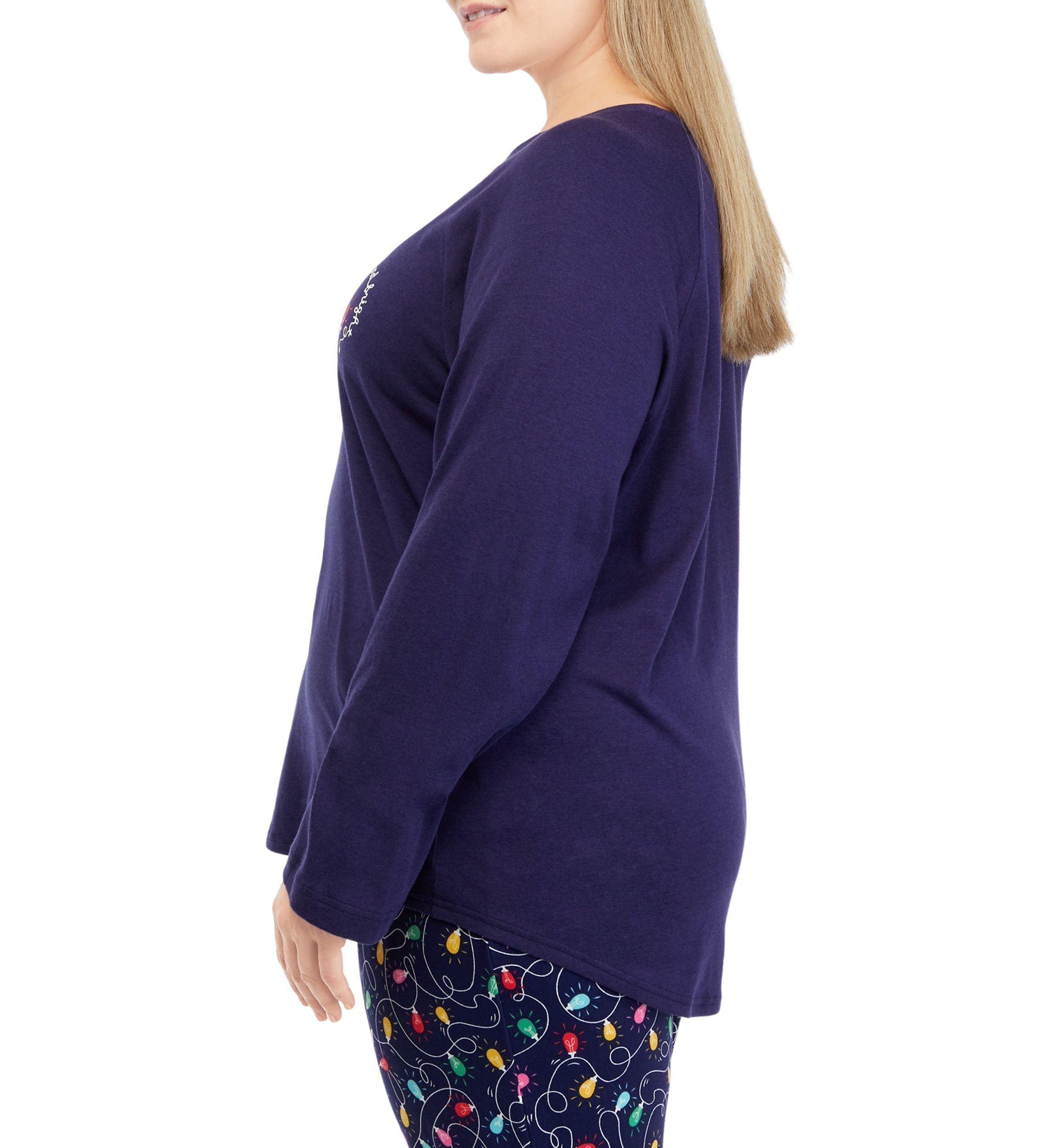 Plus Size Navy Lights Long Sleeve Crew Neck Pajama Top