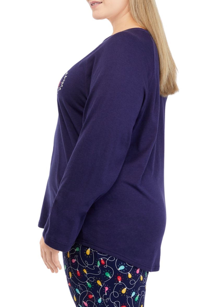Plus Size Navy Lights Long Sleeve Crew Neck Pajama Top