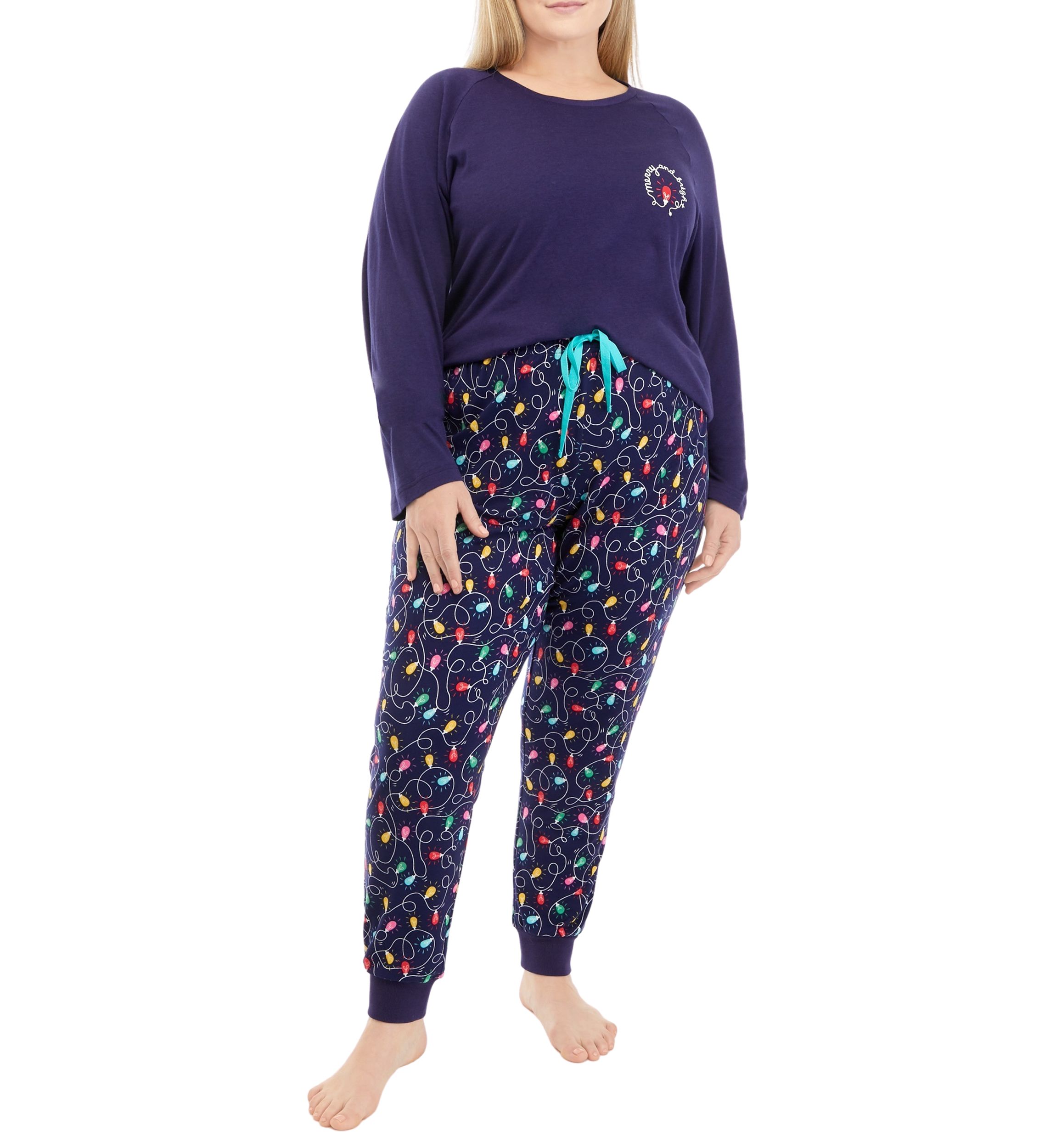 Plus Size Navy Lights Long Sleeve Crew Neck Pajama Top