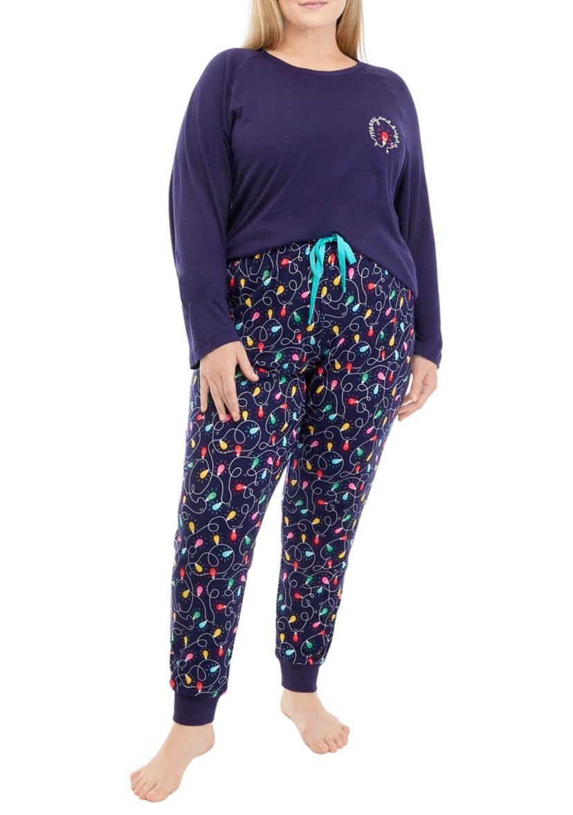 Plus Size Navy Lights Long Sleeve Crew Neck Pajama Top