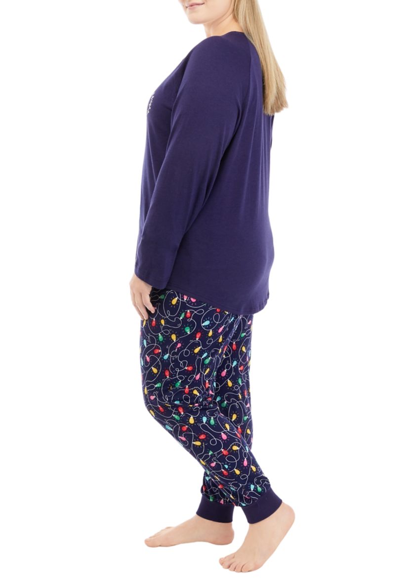 Plus Size Navy Lights Long Sleeve Crew Neck Pajama Top