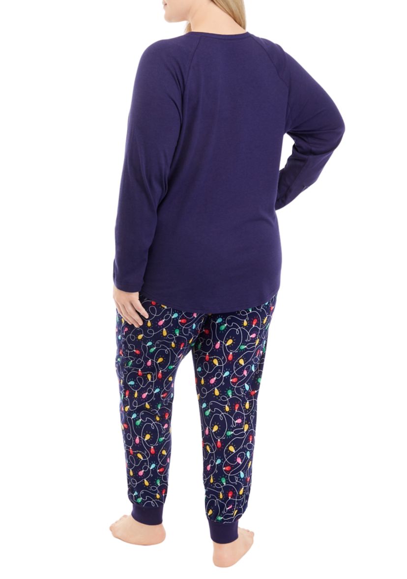 Plus Size Navy Lights Long Sleeve Crew Neck Pajama Top
