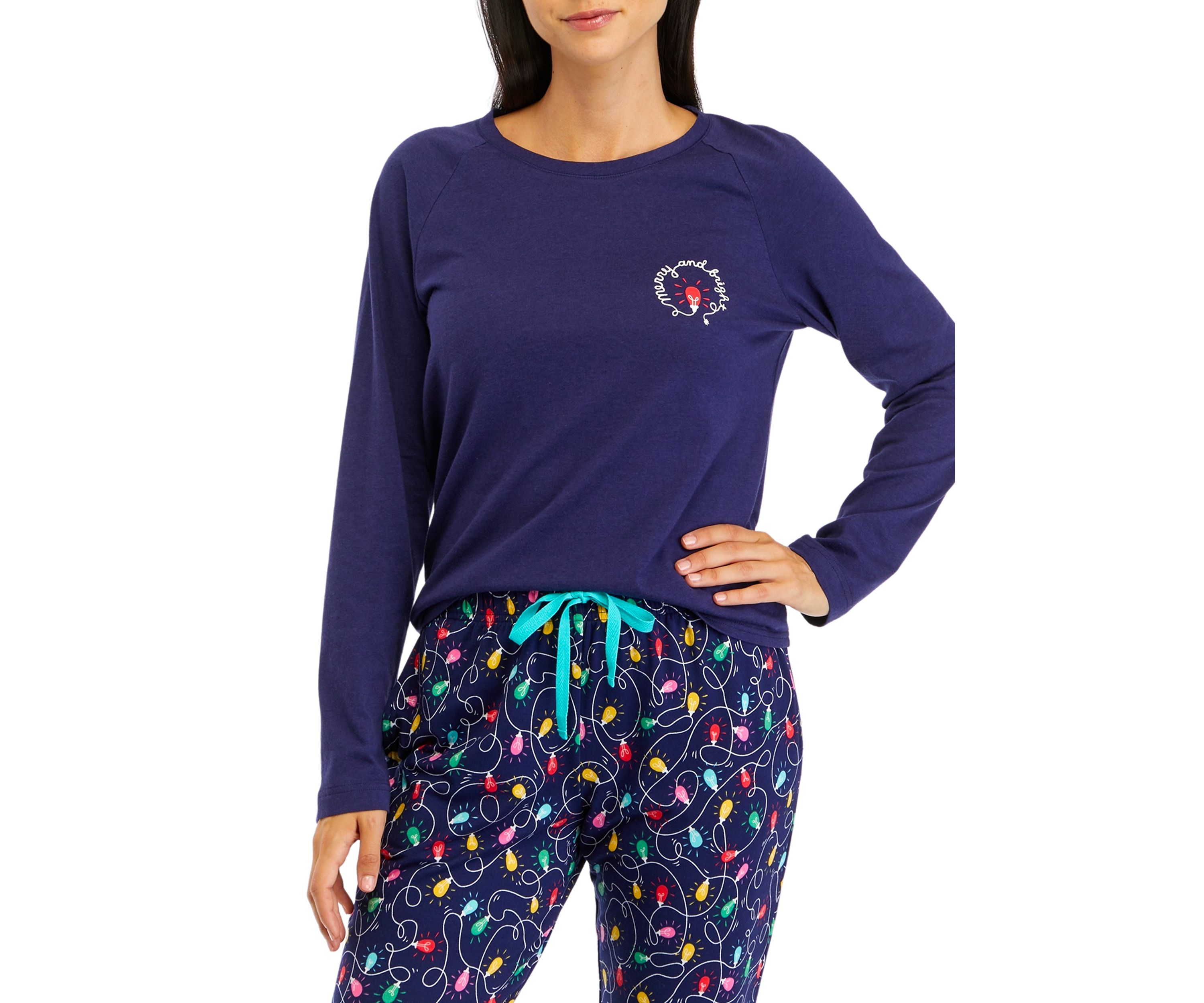 Womens Navy Lights Long Sleeve Crew Neck Pajama Top