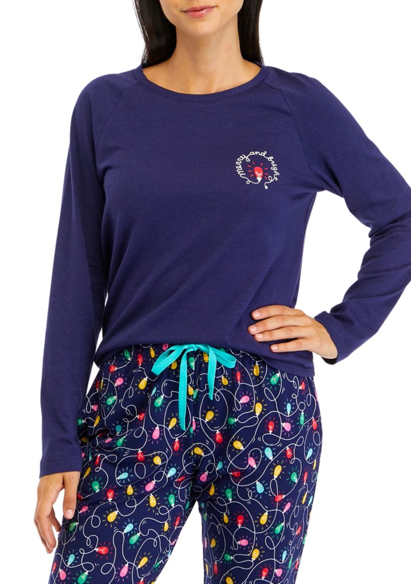 Womens Navy Lights Long Sleeve Crew Neck Pajama Top
