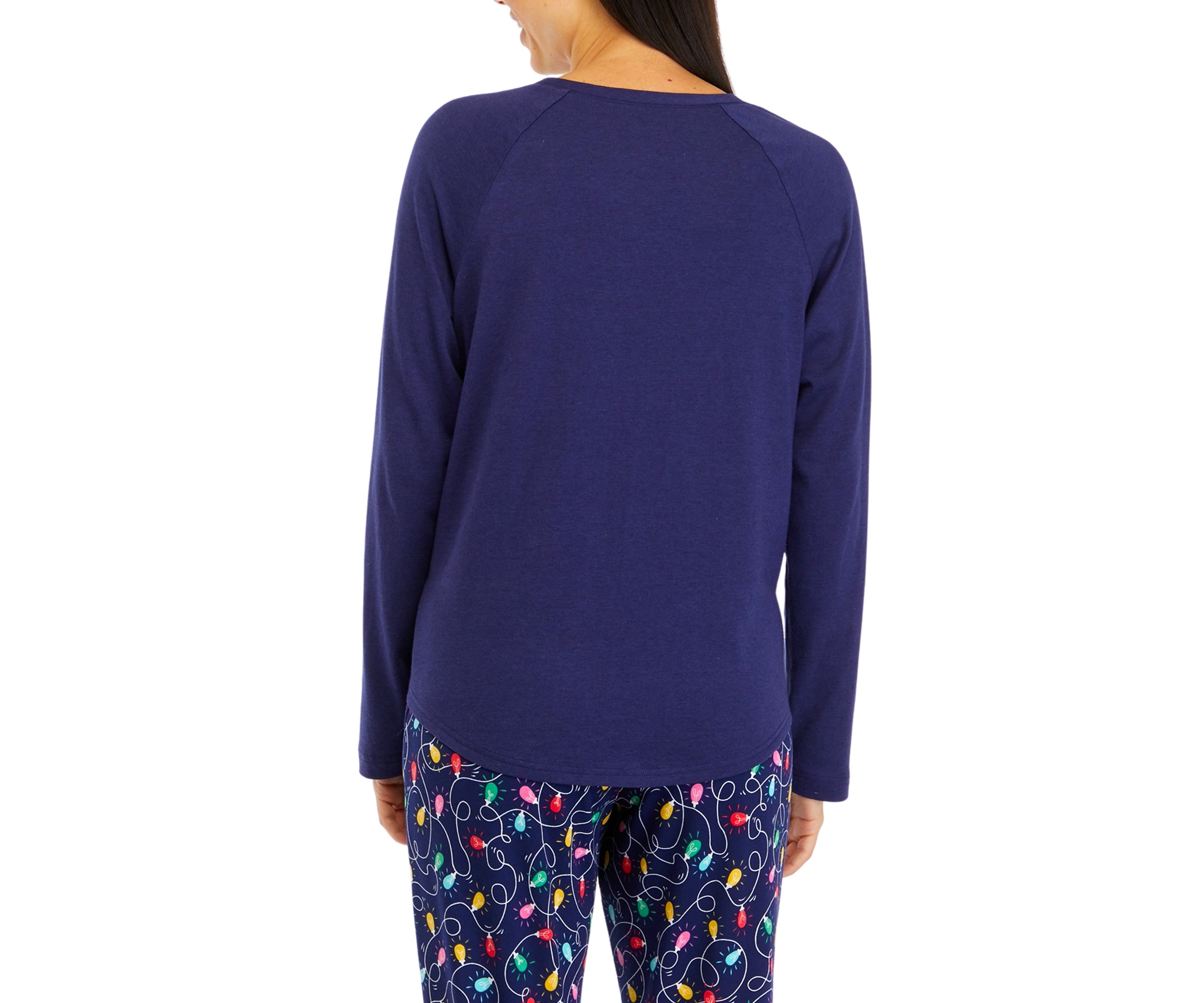 Womens Navy Lights Long Sleeve Crew Neck Pajama Top