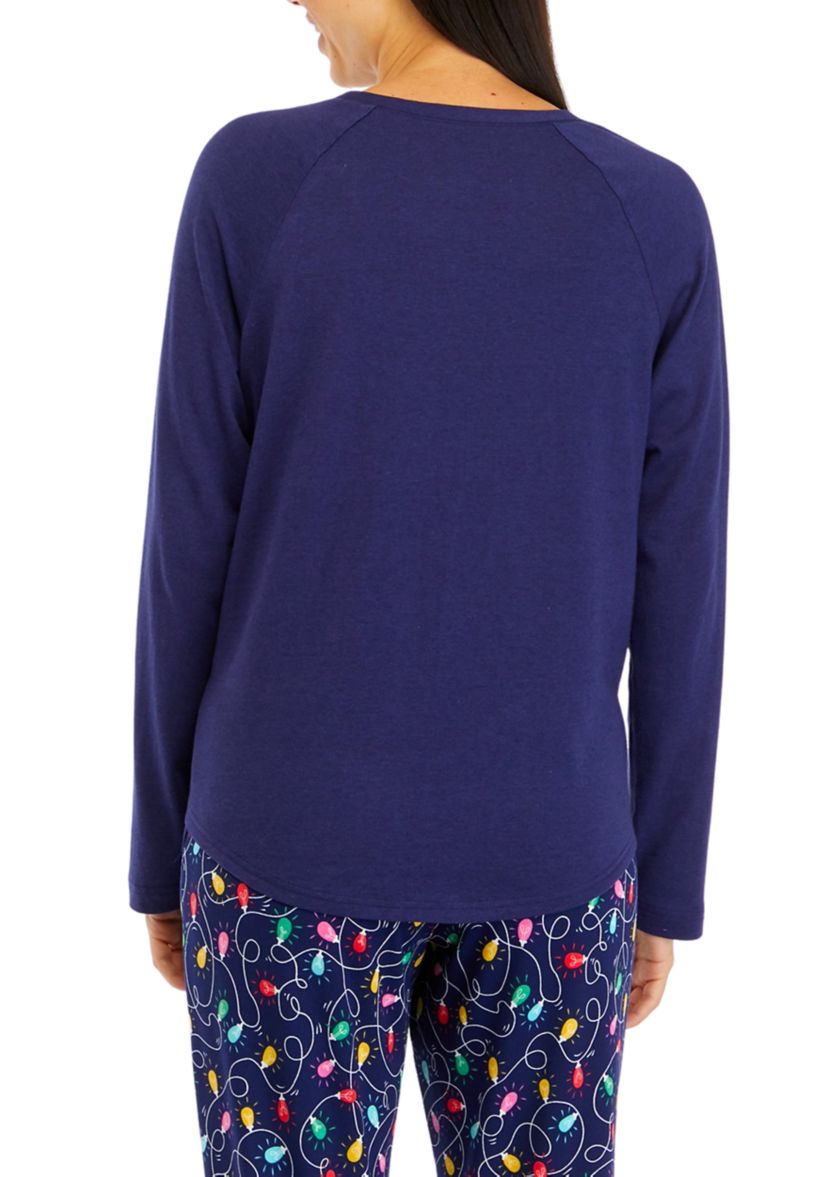 Womens Navy Lights Long Sleeve Crew Neck Pajama Top