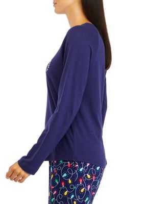 Women's Navy Lights Long Sleeve Crew Neck Pajama Top