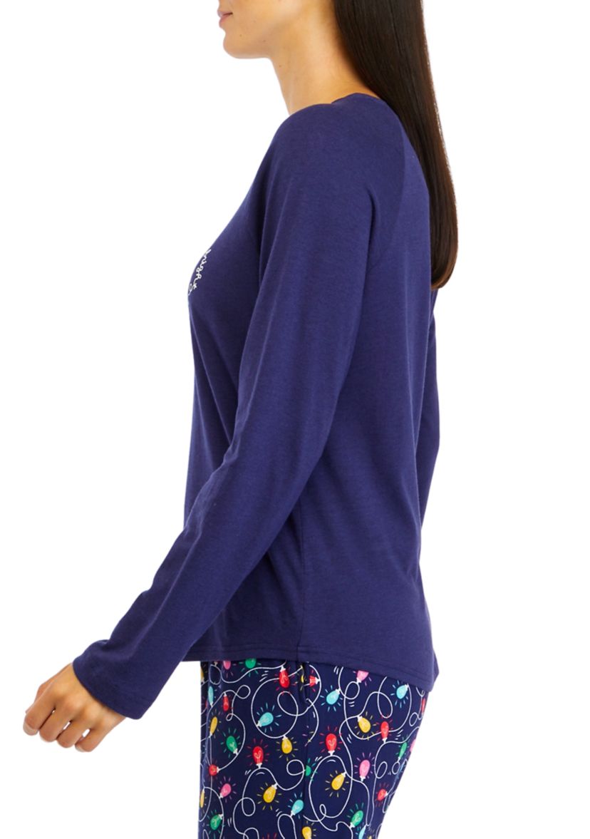Womens Navy Lights Long Sleeve Crew Neck Pajama Top