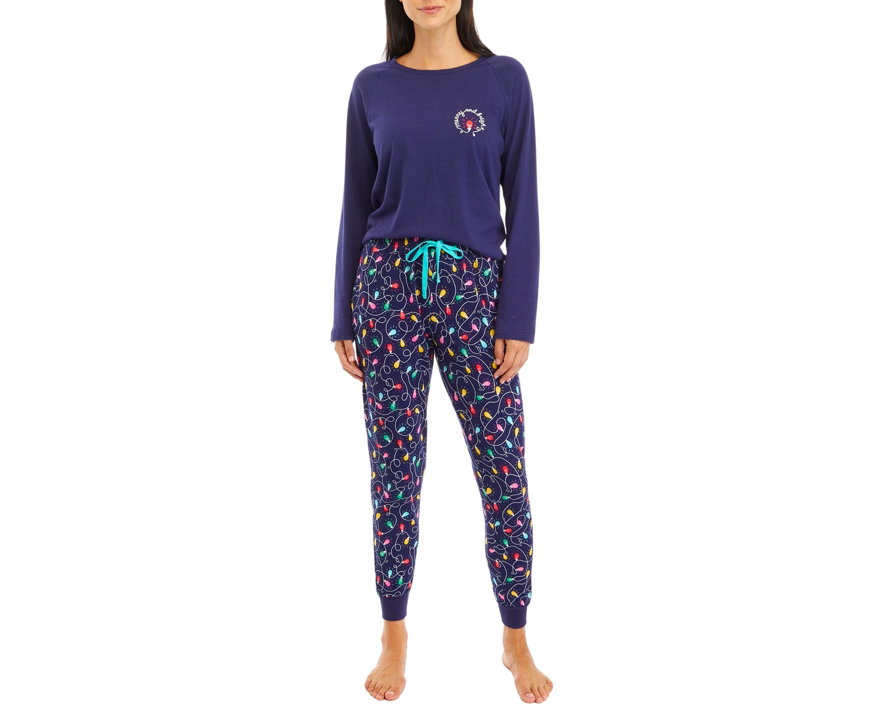 Womens Navy Lights Long Sleeve Crew Neck Pajama Top
