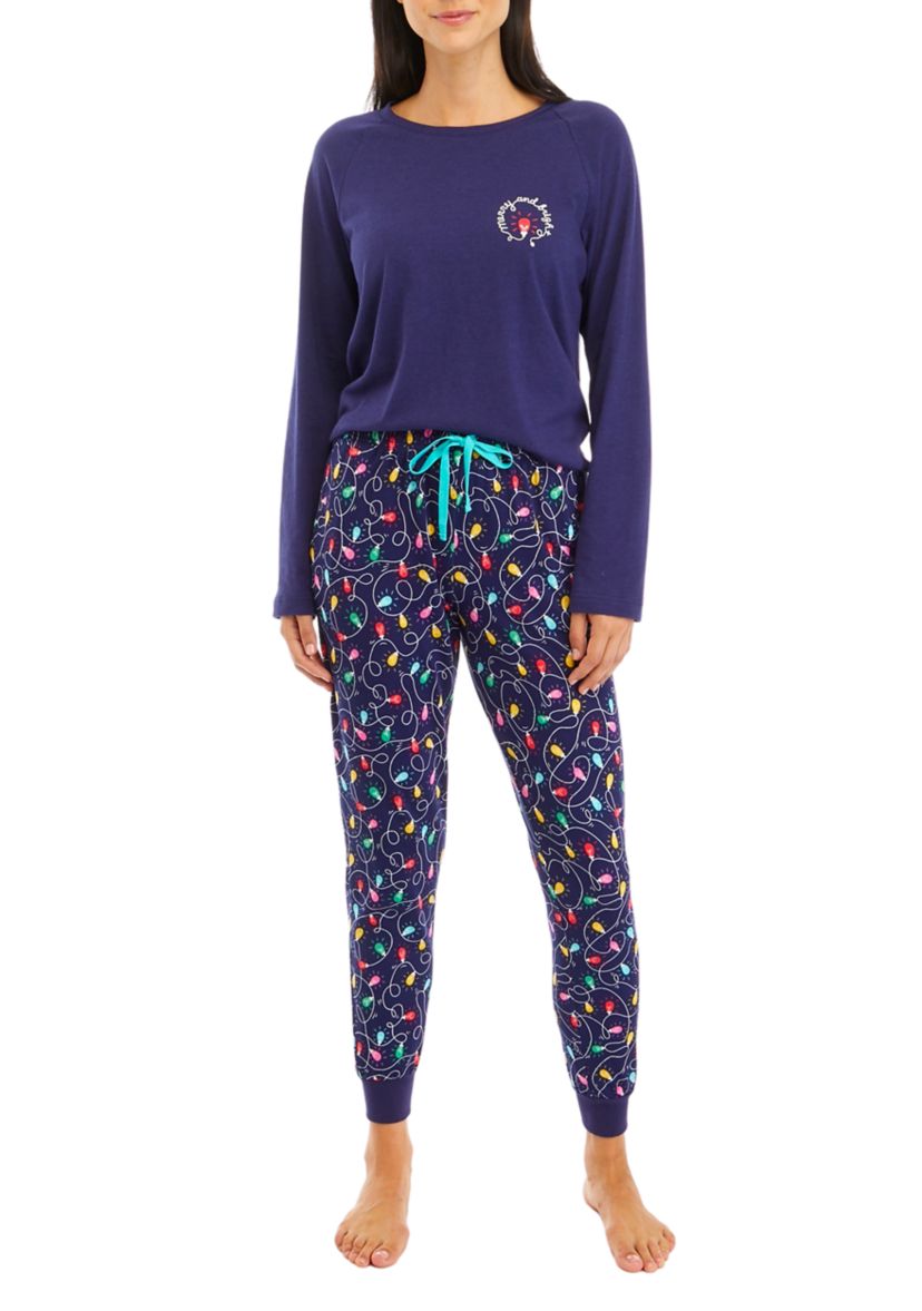 Womens Navy Lights Long Sleeve Crew Neck Pajama Top