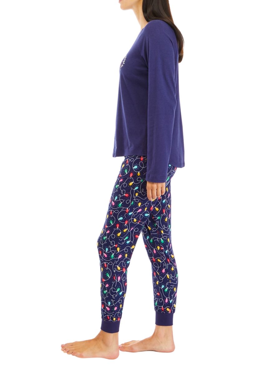 Womens Navy Lights Long Sleeve Crew Neck Pajama Top
