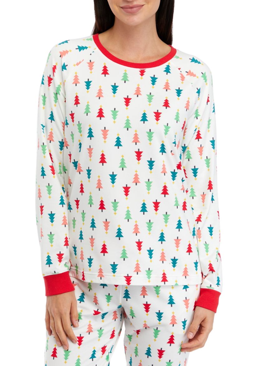 Womens Merry Multi Trees Long Sleeve Crew Neck Pajama Shirt