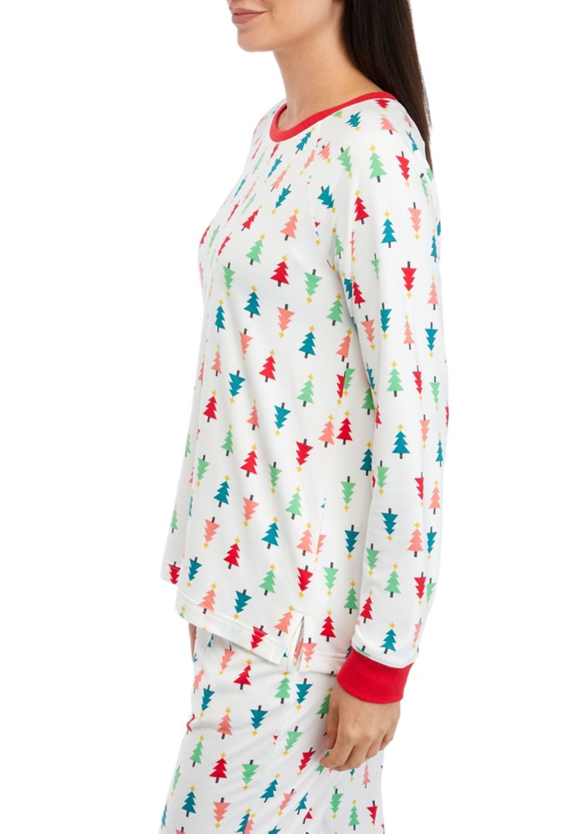 Womens Merry Multi Trees Long Sleeve Crew Neck Pajama Shirt