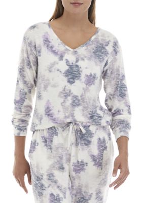 Printed Slub Hacci Long Sleeve V-Neck Sleep Shirt