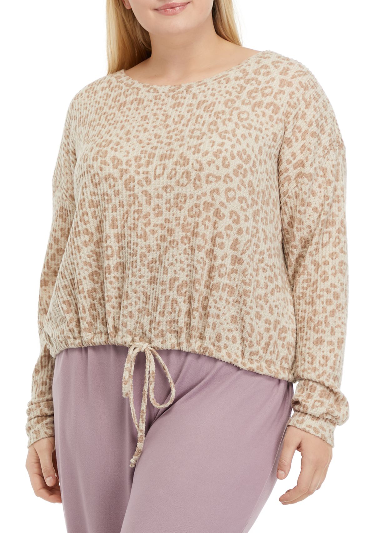 Plus Size Waffle Knit Hacci Long Sleeve Sleep Shirt 