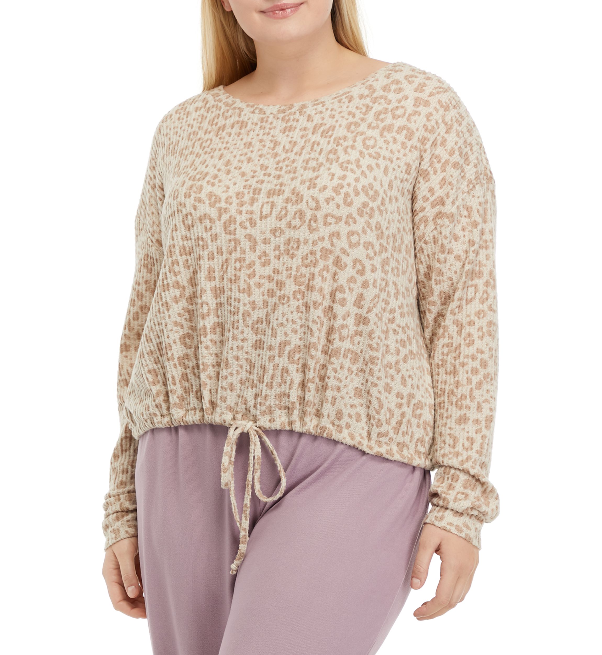 Plus Size Waffle Knit Hacci Long Sleeve Sleep Shirt 
