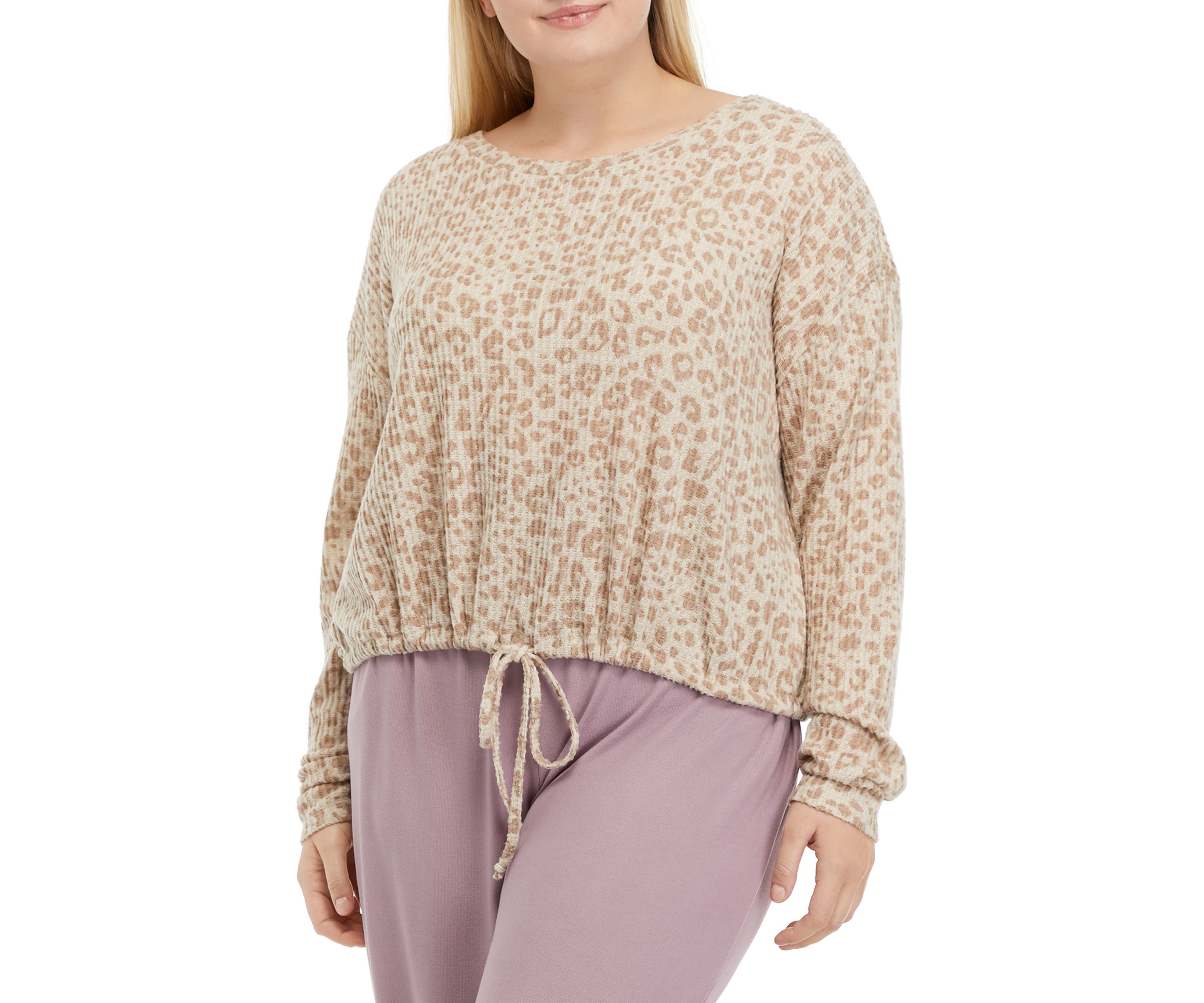 Plus Size Waffle Knit Hacci Long Sleeve Sleep Shirt 