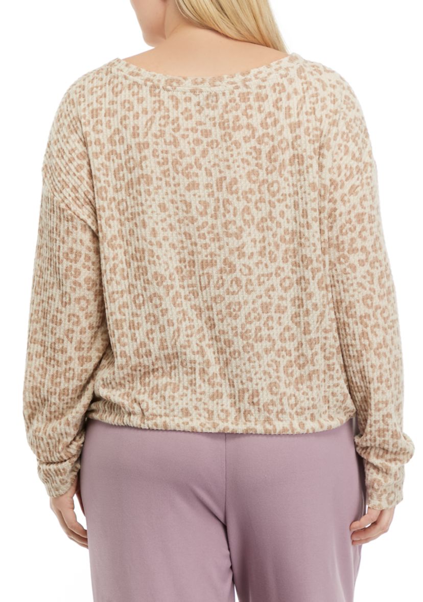 Plus Size Waffle Knit Hacci Long Sleeve Sleep Shirt 