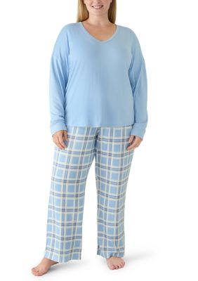 OLIVE + OAK Women's Plus Size Brushed Knit Shirt and Wide Leg Pants Pajama Set