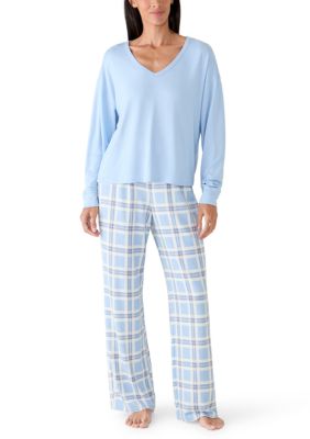 OLIVE + OAK Women's Brushed Knit Long Sleeve Shirt and Wide Leg Pants Pajama Set