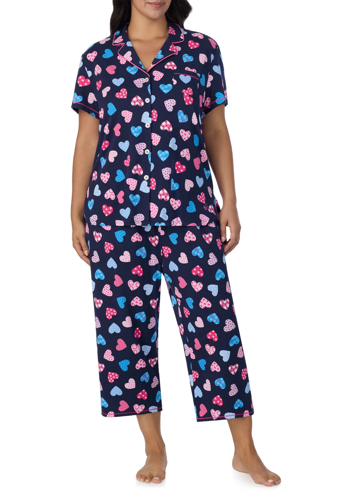 Plus Size Short Sleeve Printed Cropped Pajama Set 