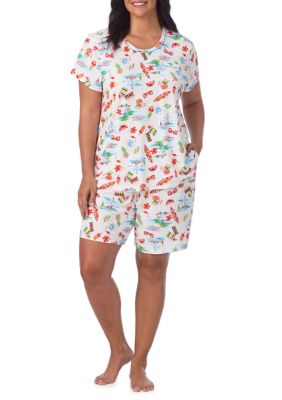 Cuddl Duds Women's Plus Size Short Sleeve Bermuda Shorts Pajama Set