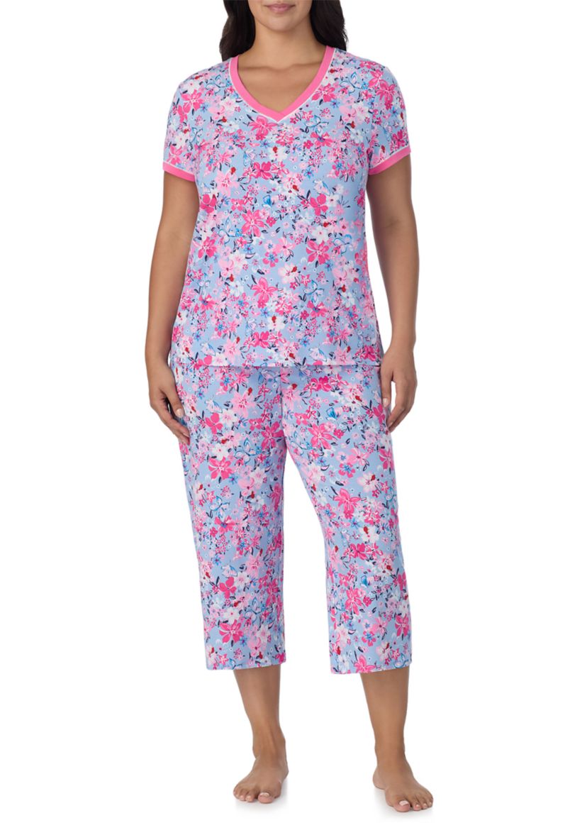 Plus Size Short Sleeve Printed Cropped Pajama Set