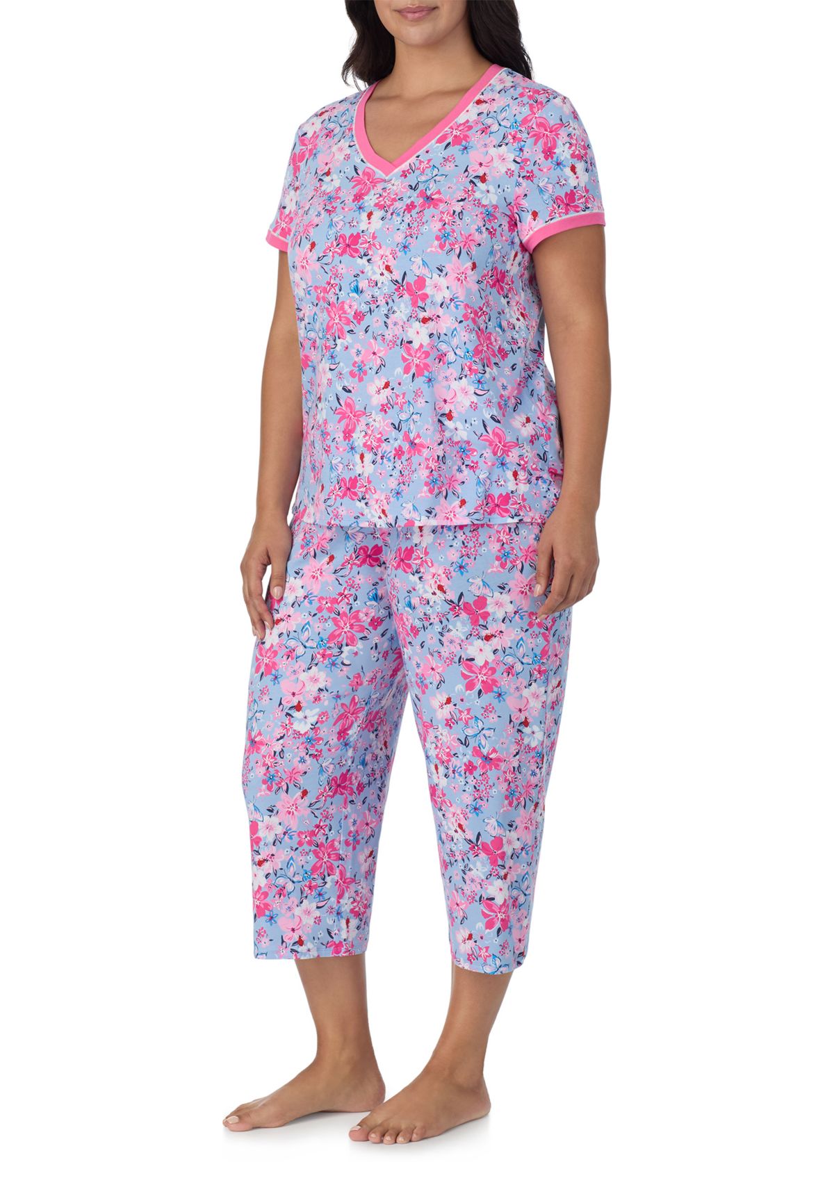 Plus Size Short Sleeve Printed Cropped Pajama Set