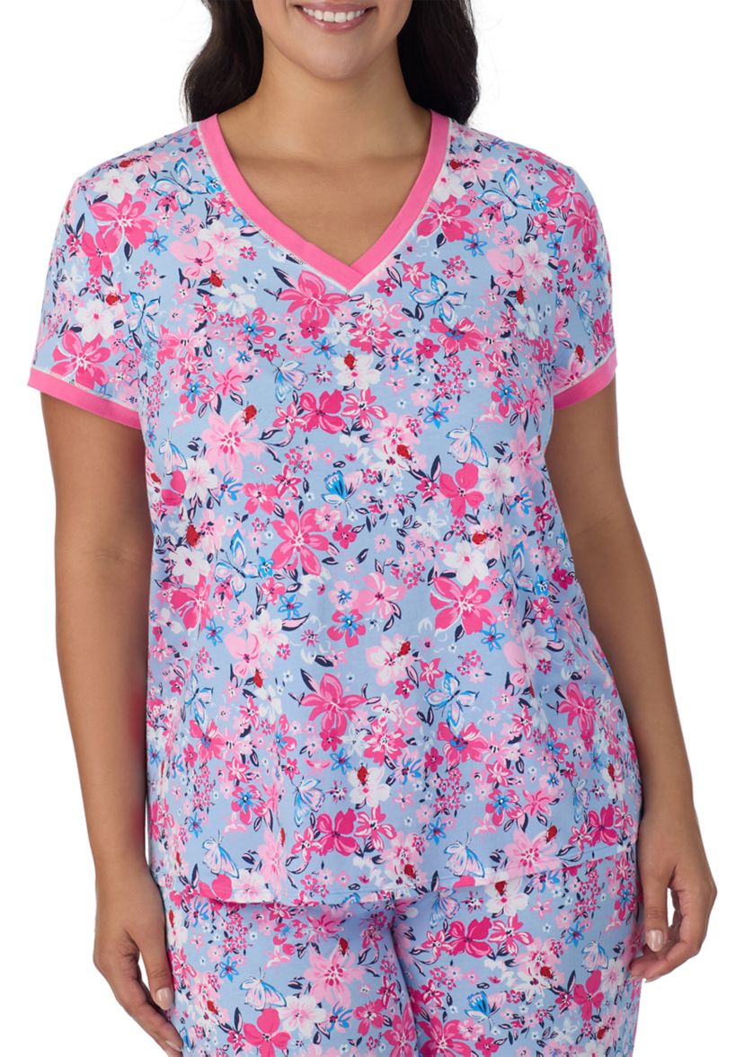 Plus Size Short Sleeve Printed Cropped Pajama Set