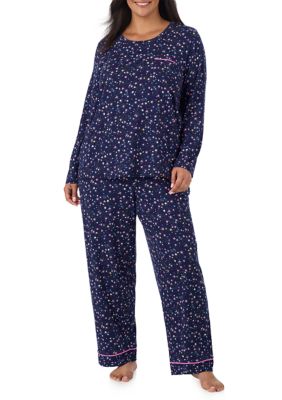 Cuddl Duds Women's Long Sleeve Shirt and Pants Pajama Set, Navy Blue, 3X