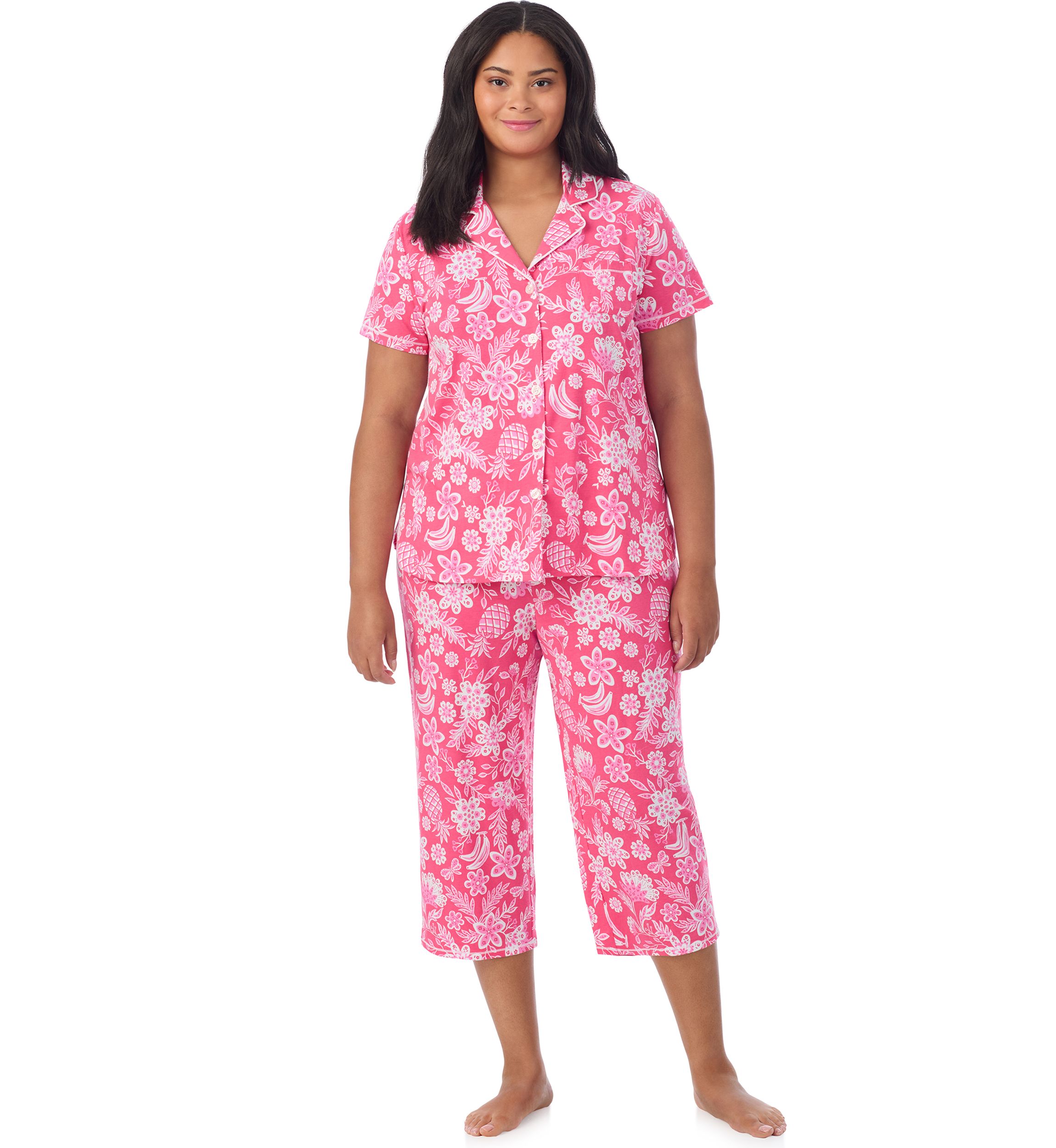 Plus Size Short Sleeve Notch Collar Cropped PJ Set 