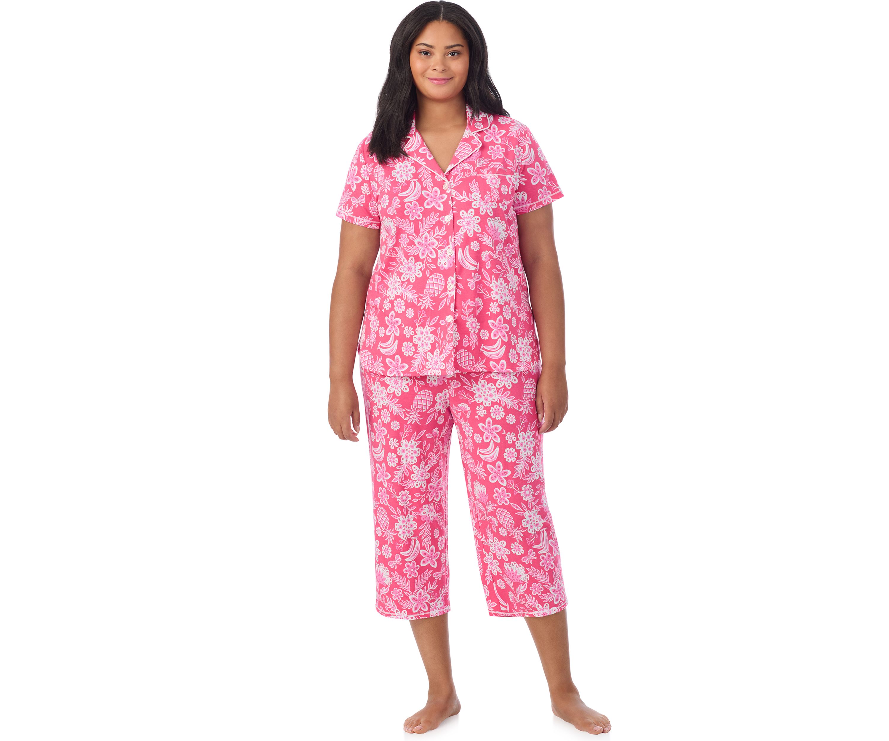 Plus Size Short Sleeve Notch Collar Cropped PJ Set 