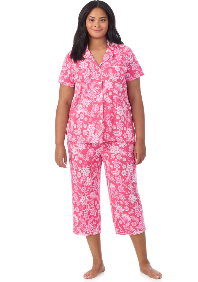 Plus Size Short Sleeve Notch Collar Cropped PJ Set 