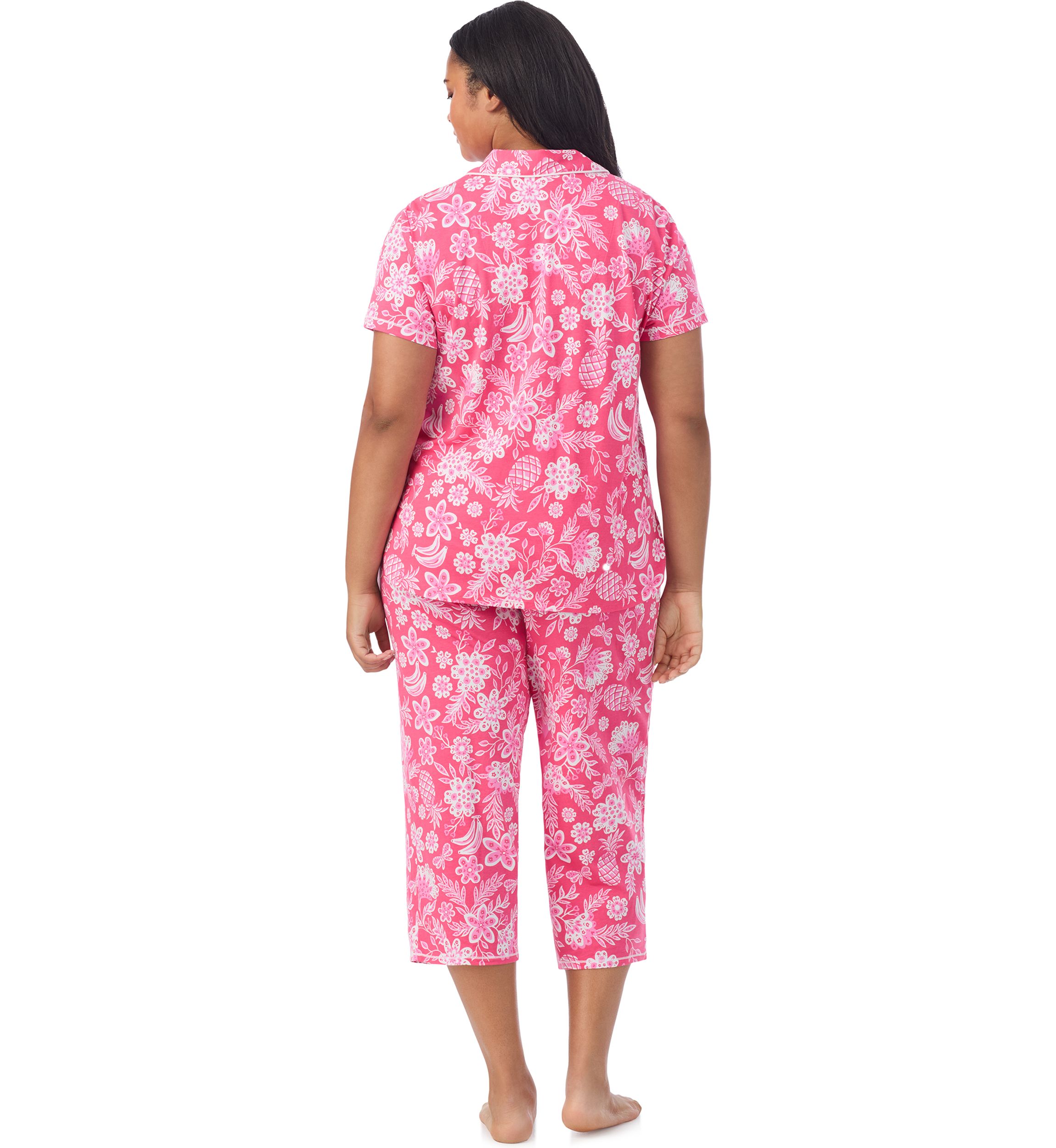 Plus Size Short Sleeve Notch Collar Cropped PJ Set 