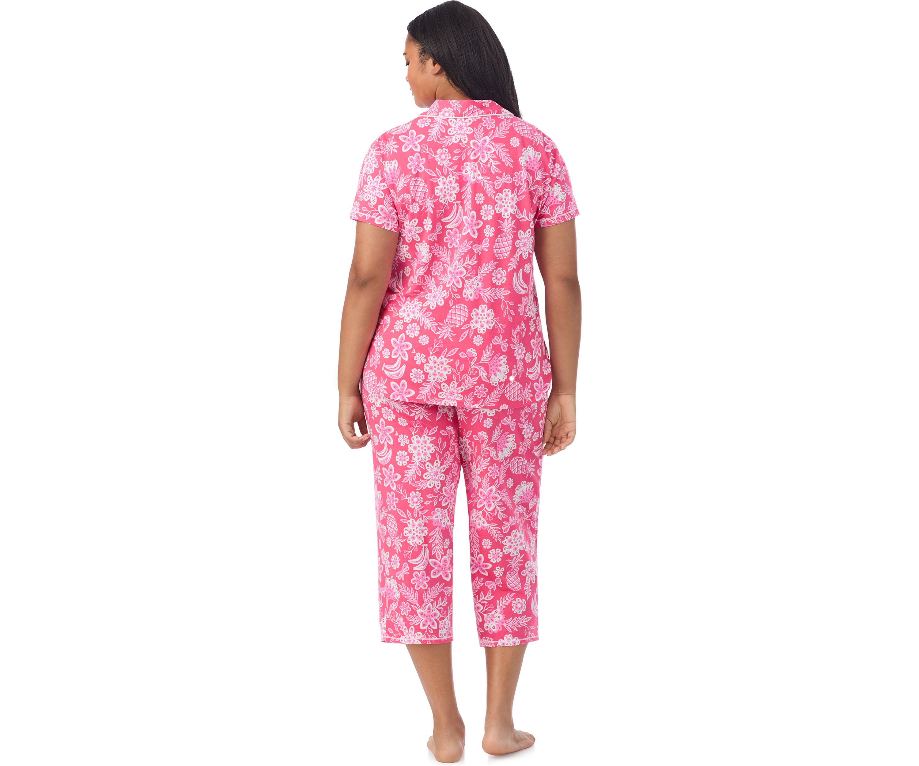 Plus Size Short Sleeve Notch Collar Cropped PJ Set 