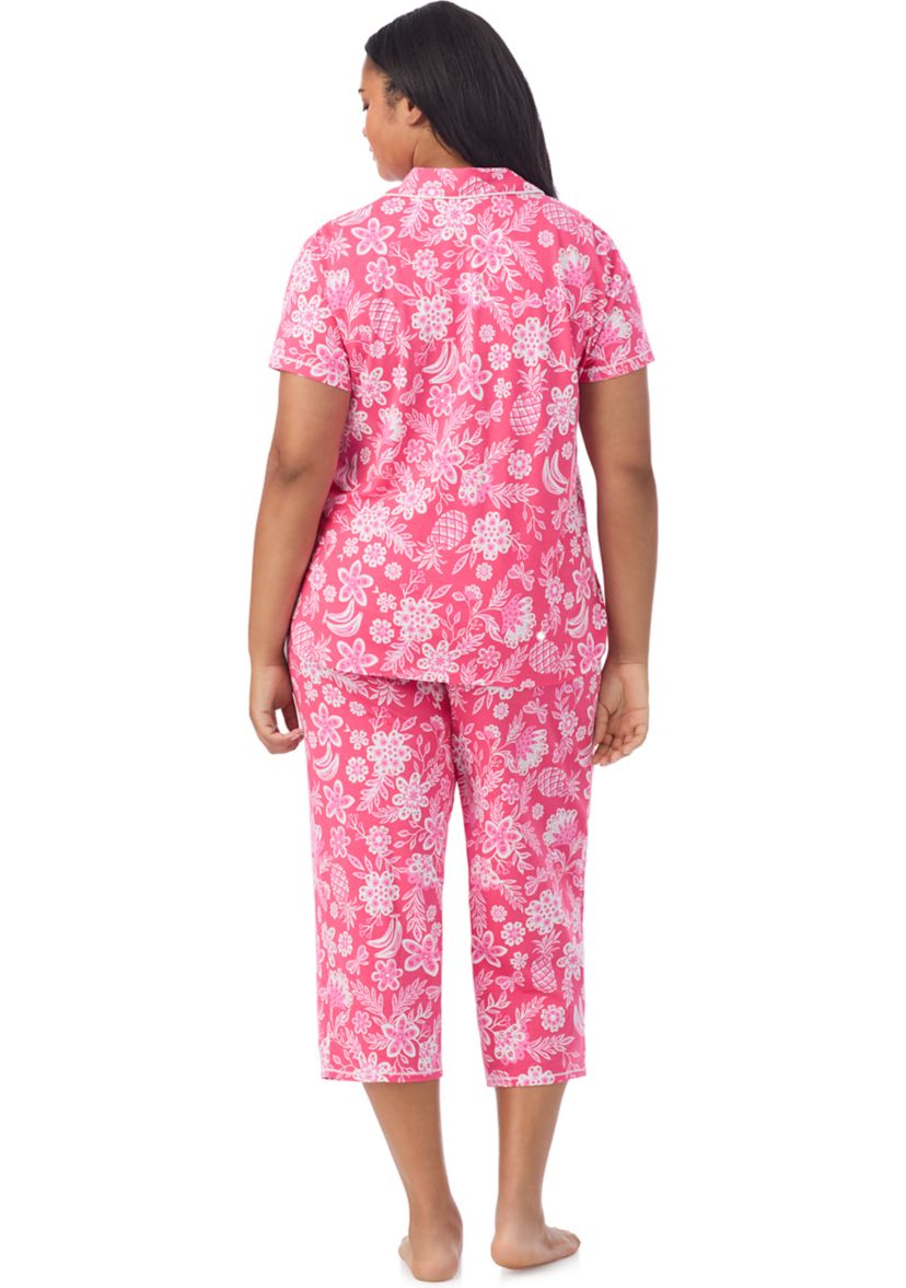 Plus Size Short Sleeve Notch Collar Cropped PJ Set 