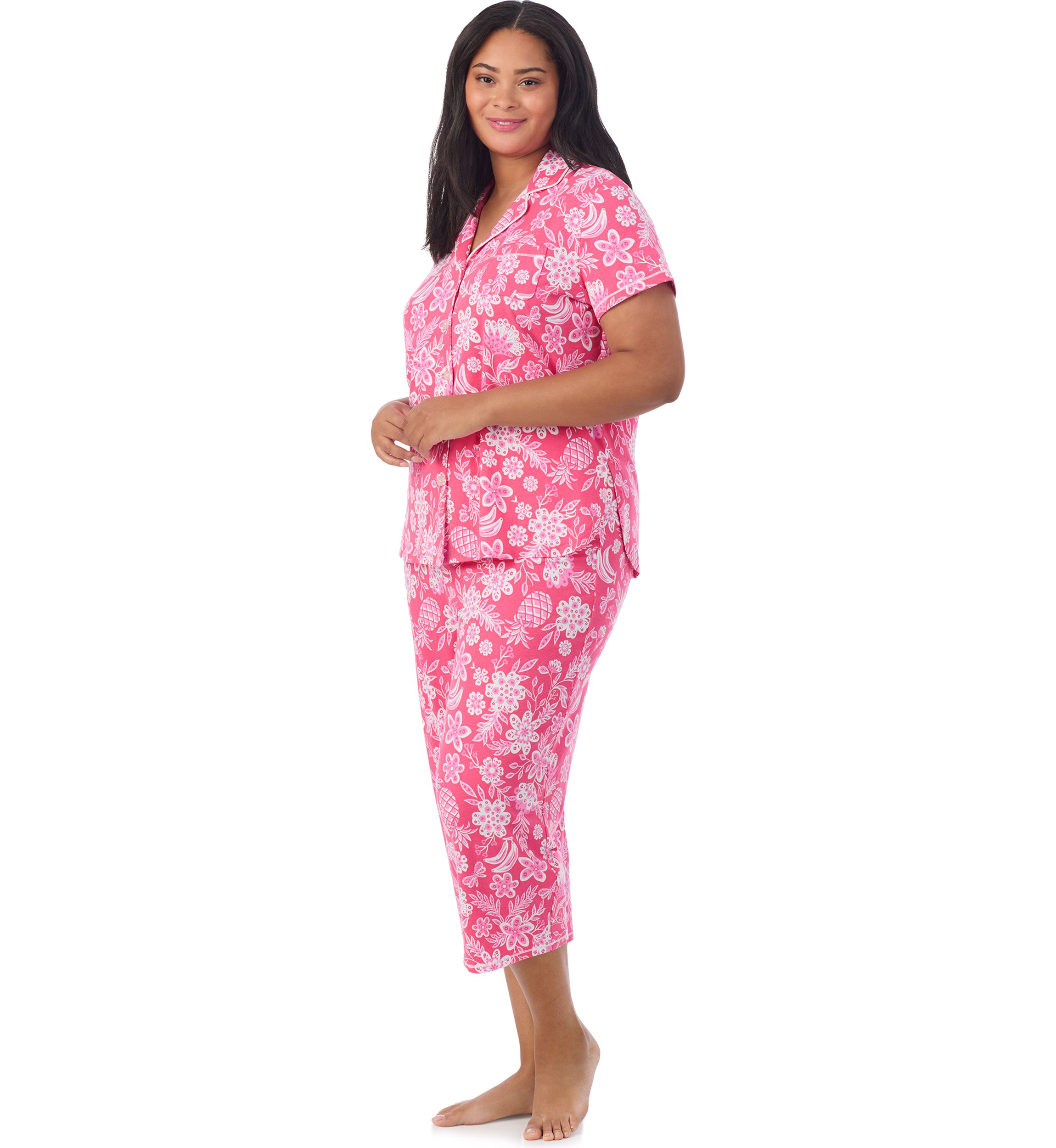 Plus Size Short Sleeve Notch Collar Cropped PJ Set 