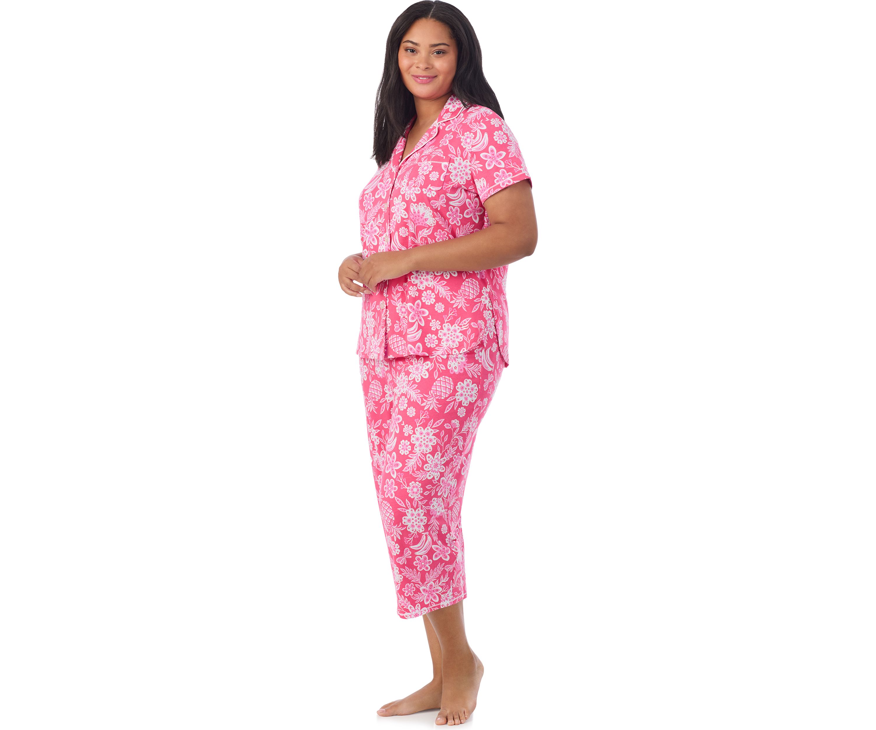 Plus Size Short Sleeve Notch Collar Cropped PJ Set 