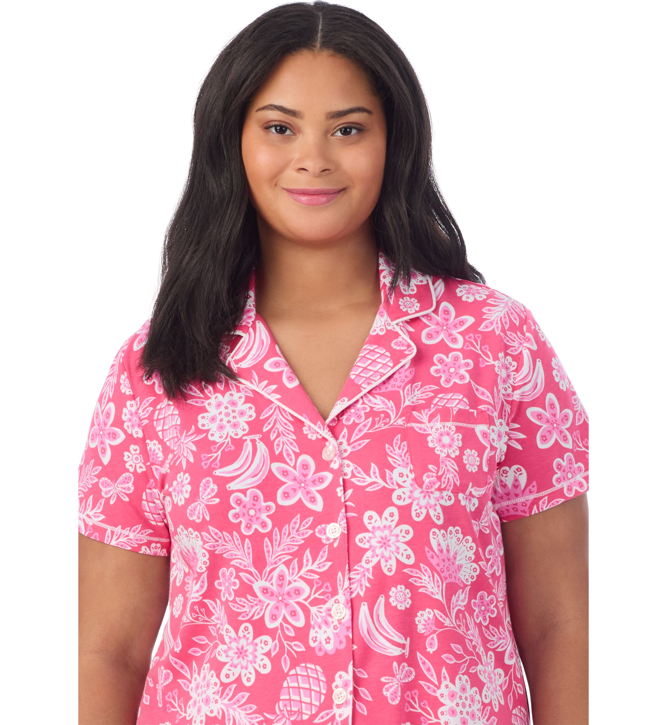 Plus Size Short Sleeve Notch Collar Cropped PJ Set 