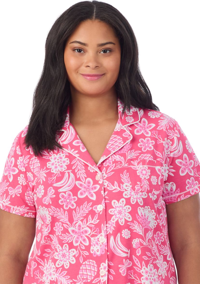 Plus Size Short Sleeve Notch Collar Cropped PJ Set 