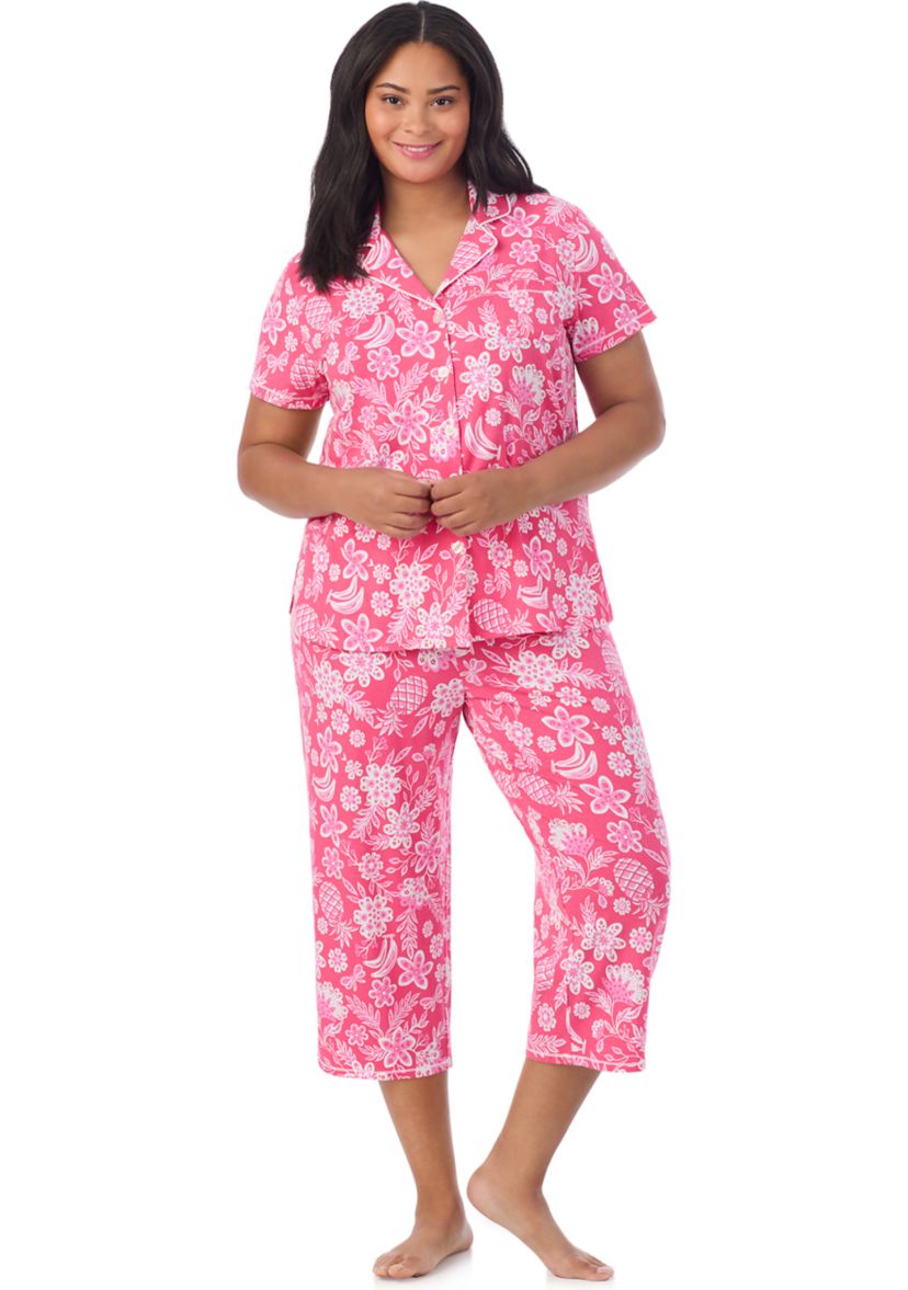 Plus Size Short Sleeve Notch Collar Cropped PJ Set 