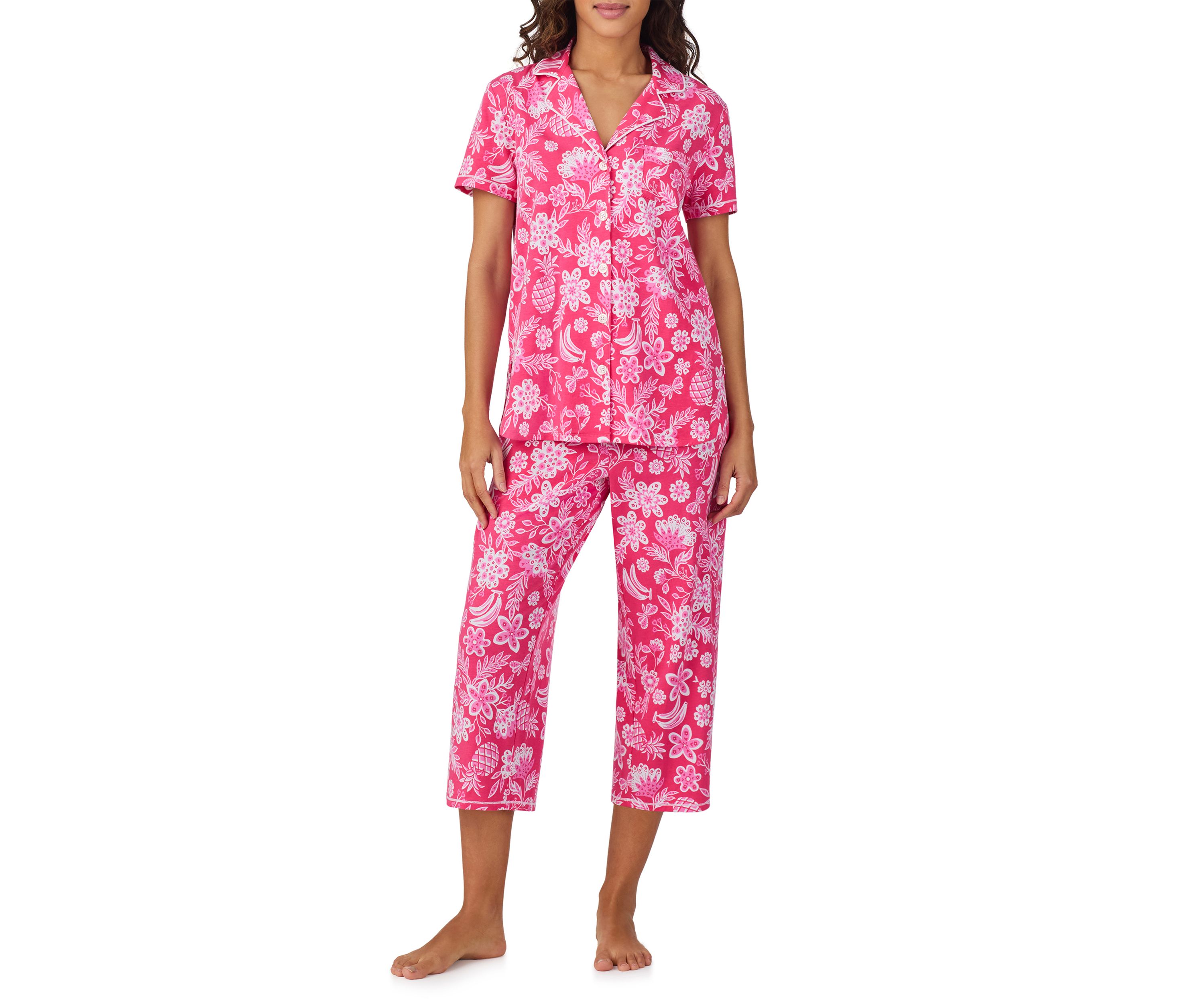 Short Sleeve Notch Collar Cropped Pajama Set
