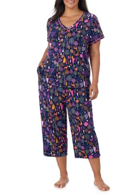 Cuddl Duds Women's Short Sleeve V-Neck T-Shirt and Cropped Pants Pajama Set, 3X
