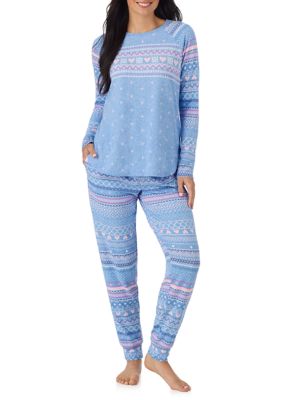 Cuddl Duds Women's Long Sleeve Shirt and Jogger Pajama Set, Blue, XL