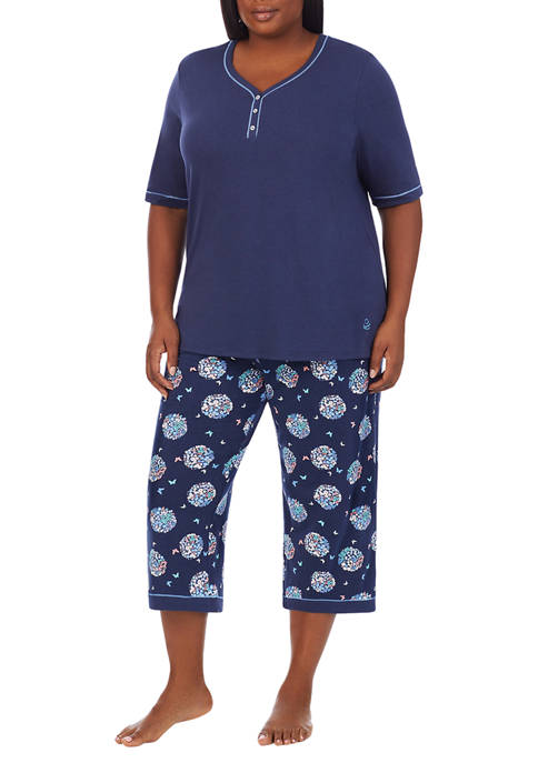 Plus Size Elbow Sleeve Henley Pajama Set