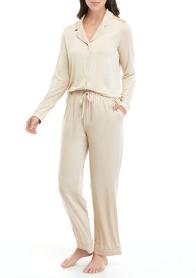 Wonderly Women's Knit Satin Finish Long Sleeve Top and Pants Pajama Set ...