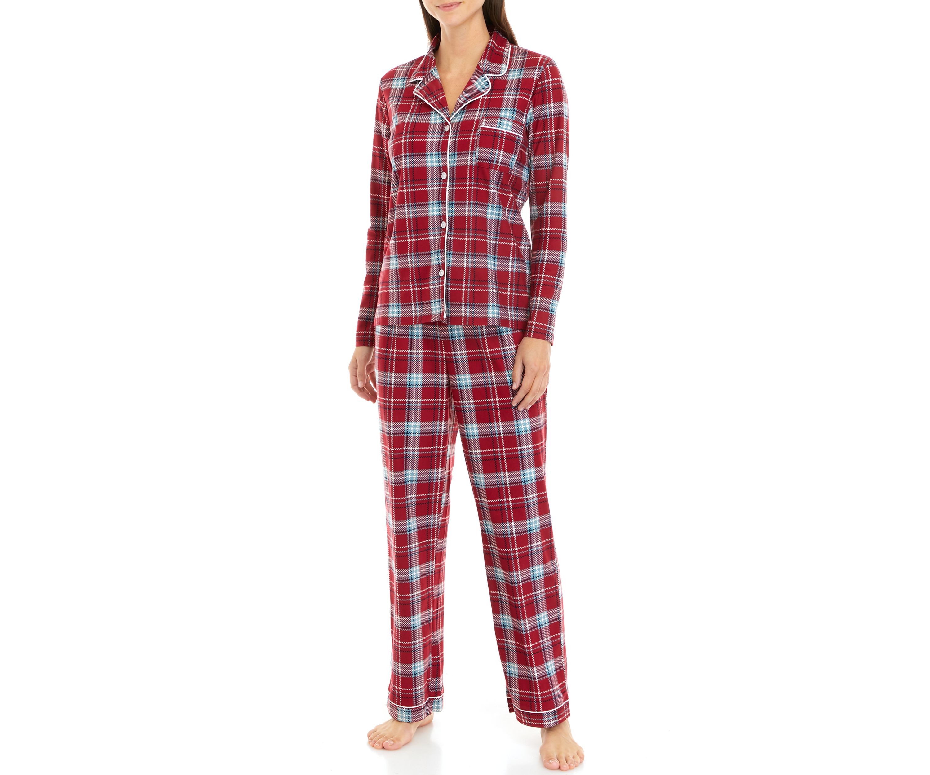 Womens Knit Flannel Notch Pajama Set with Headband