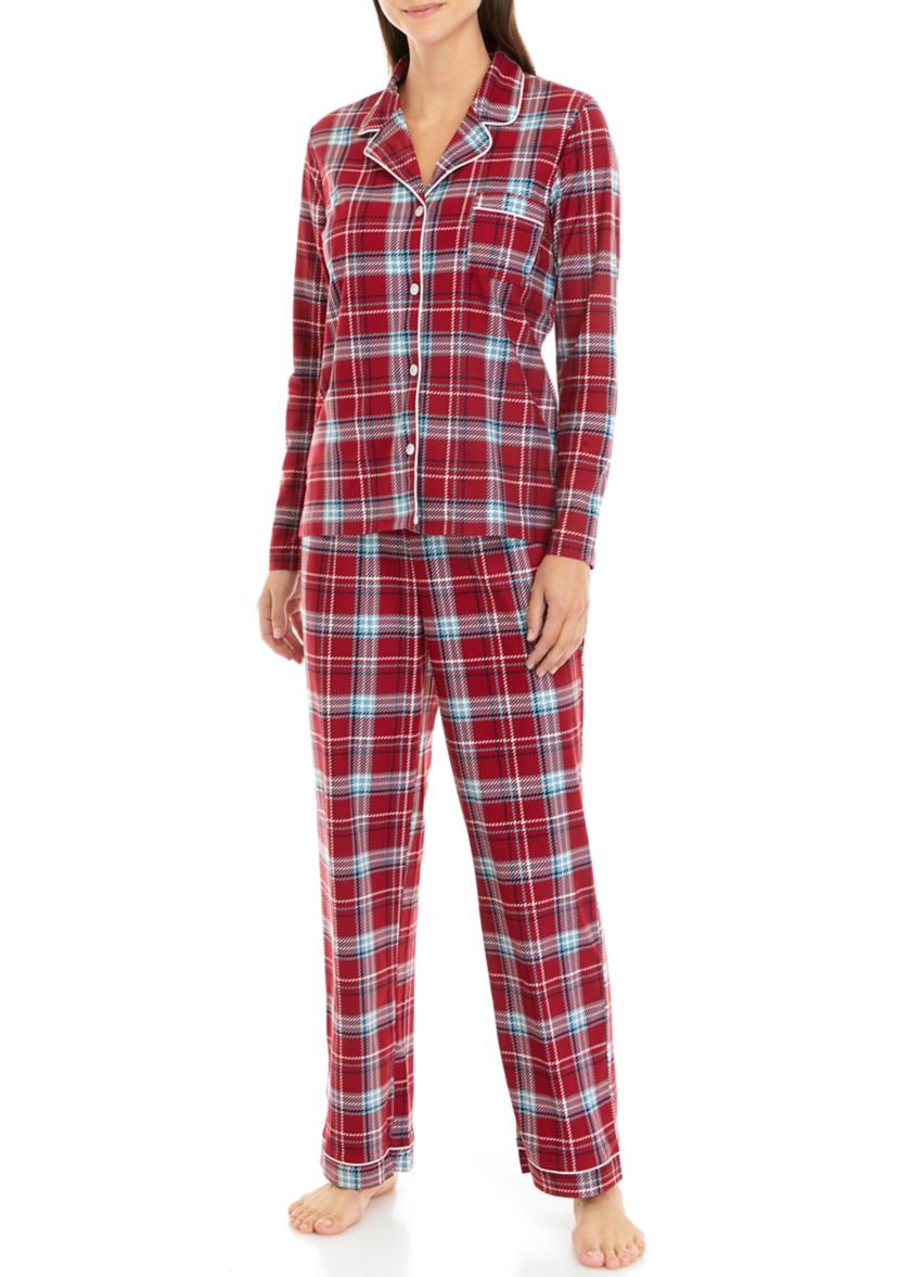 Womens Knit Flannel Notch Pajama Set with Headband