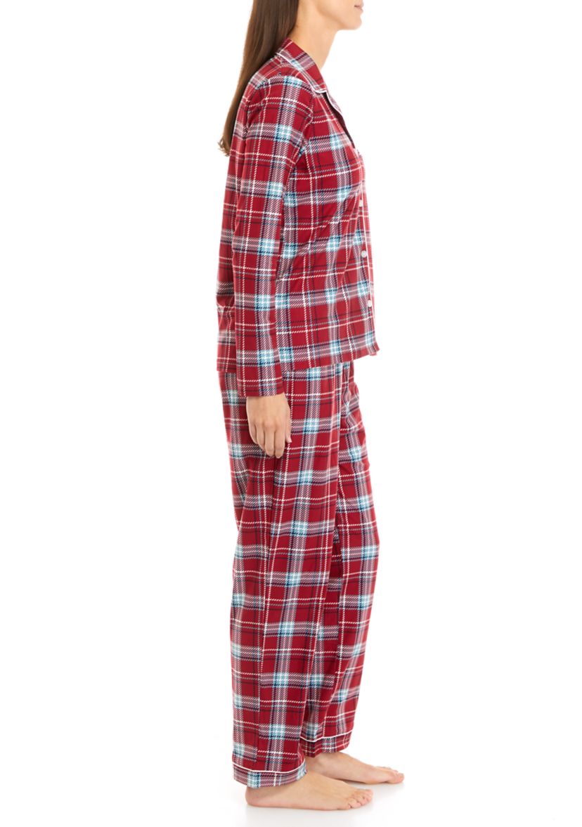 Womens Knit Flannel Notch Pajama Set with Headband