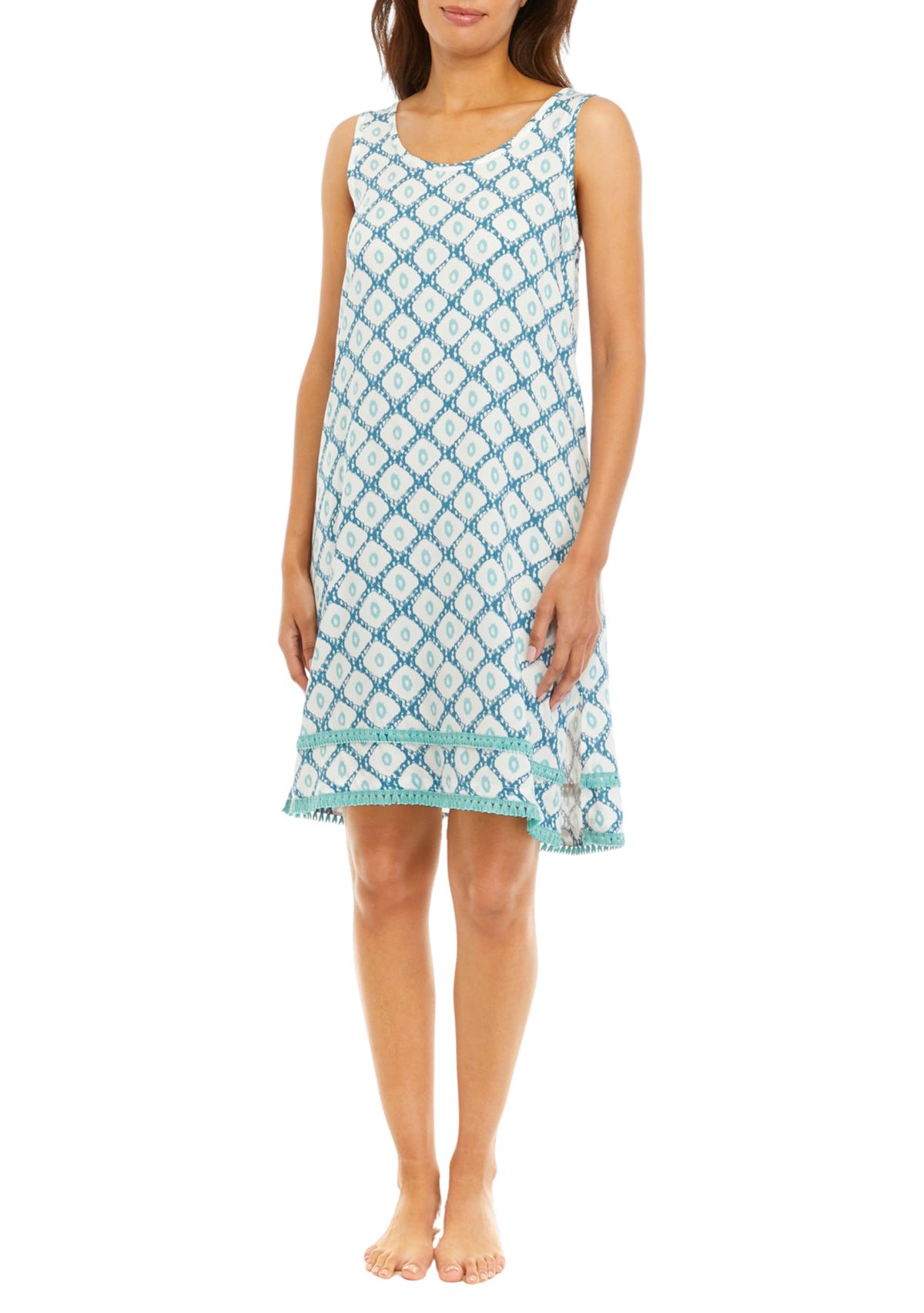 Printed Nightgown with Fringe Trim 
